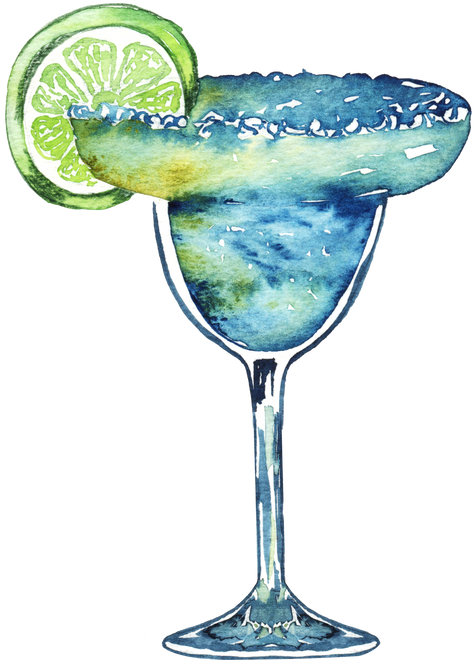 Watercolor cocktail. Frozen margarita cocktail with lime and ice.