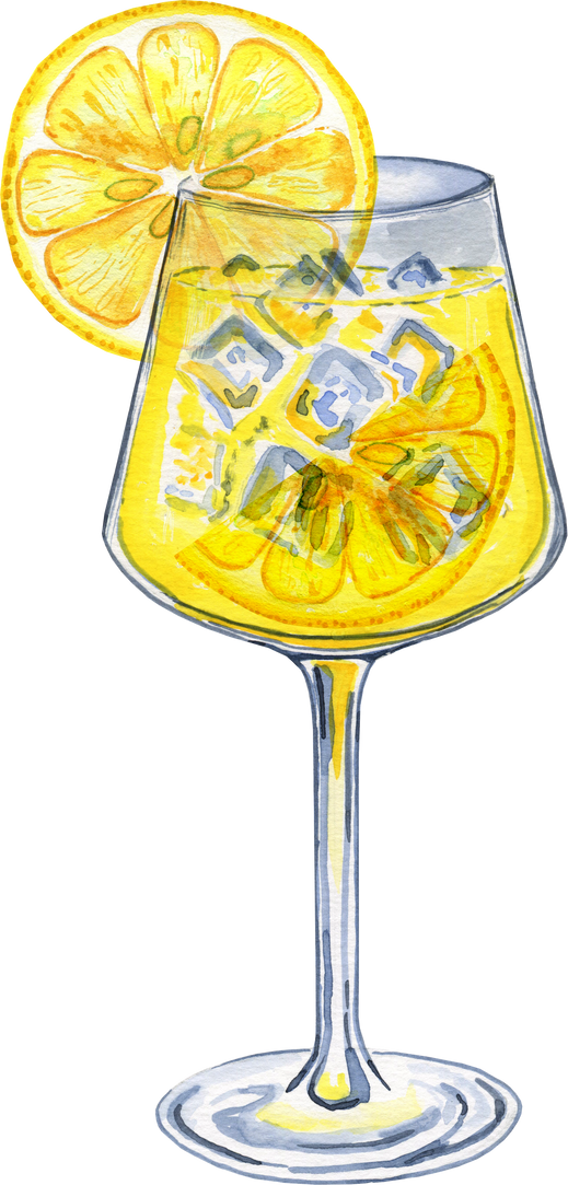 Limoncello cocktail spritz in glass goblet watercolor illustration