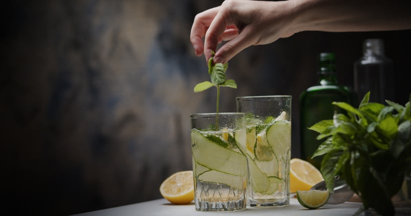 Cucumber, mint and basil gin tonic